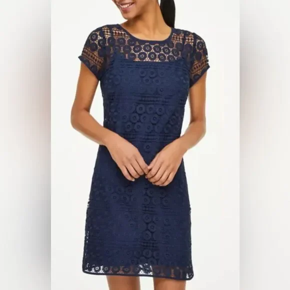chinese dress ladies Ann Taylor Loft Women's Navy Lace Overlay Short Sleeve Shift Dress Size 10T